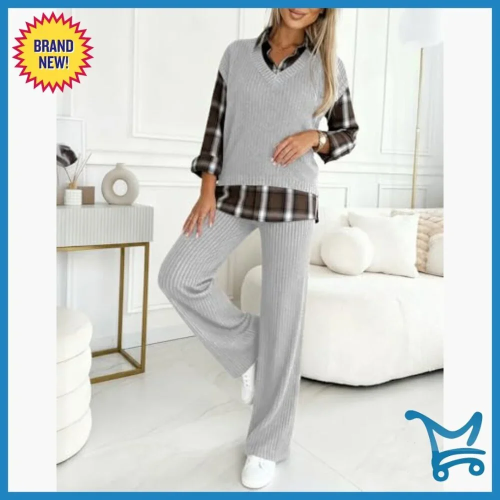 Ribbed Long Sleeve Top and Pants Set, Polyester Blend, X-Large